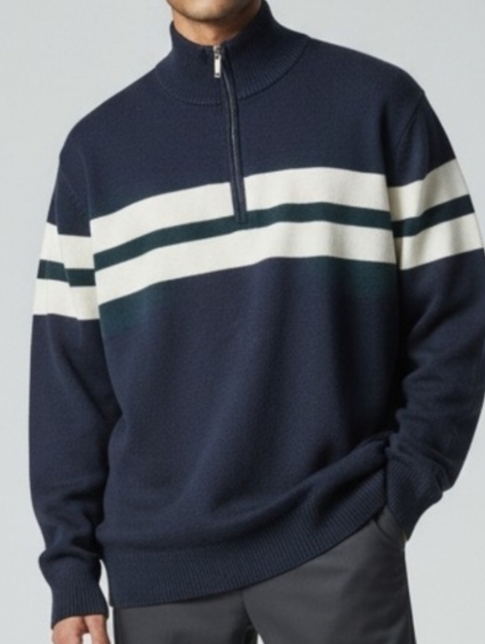 Tommy Hilfiger Vintage Men's Navy and White Zip-Up Sweater